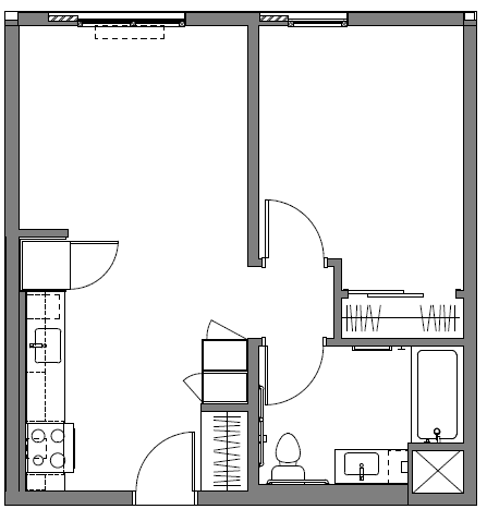 Floor plan for 1 bed, 1 bath, 618 sqft